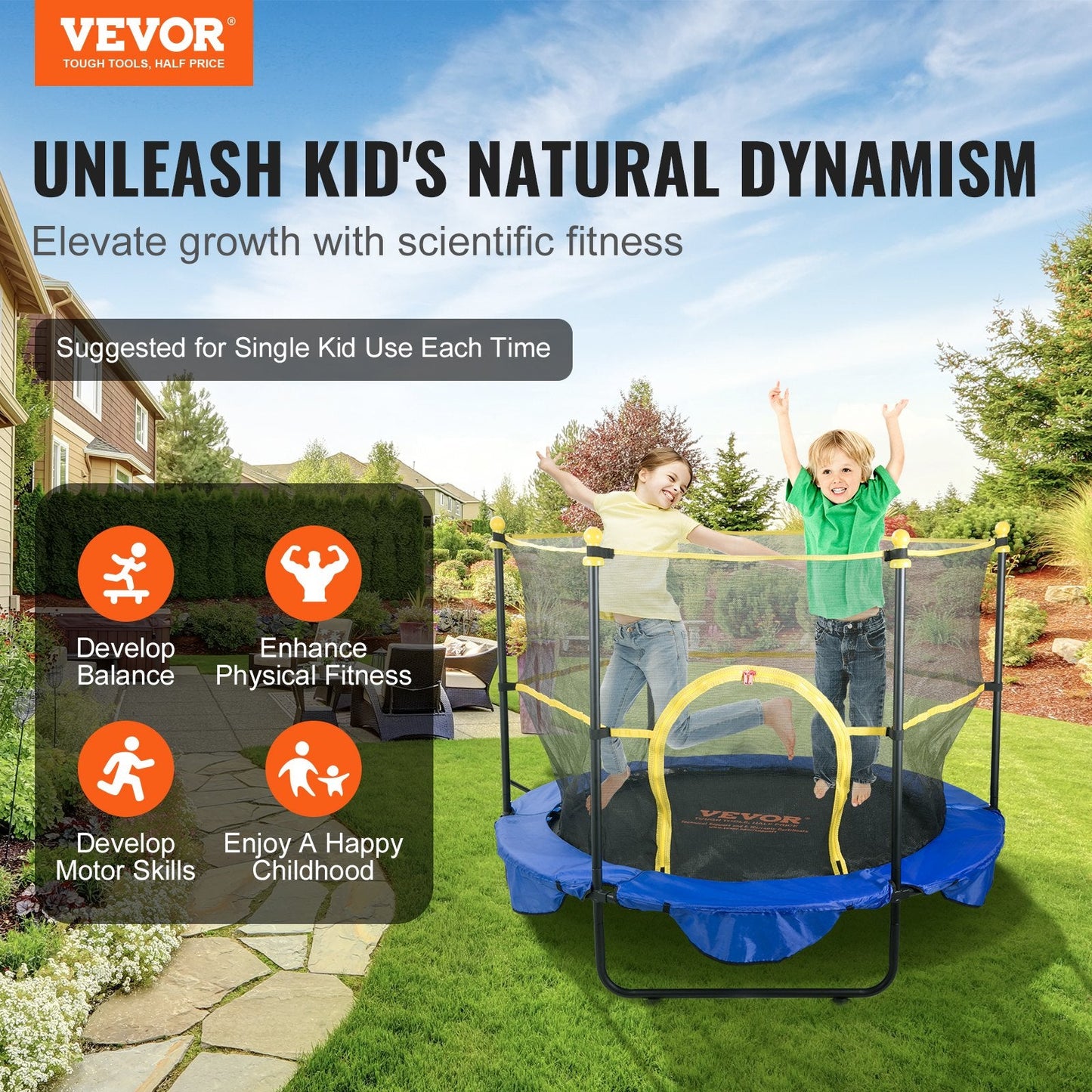 Kids' 1.5m Trampoline with Safety Net, Basketball Hoop & Ocean Balls