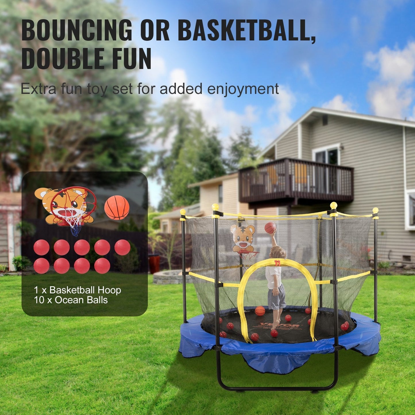 Kids' 1.5m Trampoline with Safety Net, Basketball Hoop & Ocean Balls