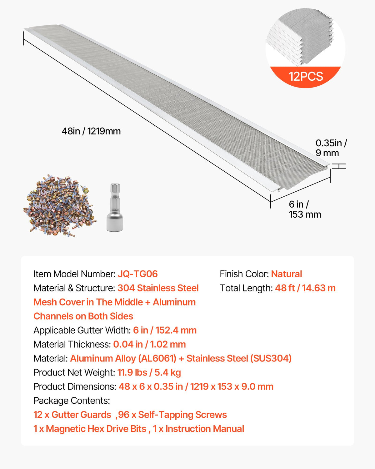 Gutter Guard, 152.4 mm Aluminum Gutter Cover with Stainless Steel Micro Mesh, Heavy-Duty 14.63 m Length, 1.02 mm Thick, Leaf Guard for Debris and Pine Needles, Easy DIY, Screws Include, 12 PCS