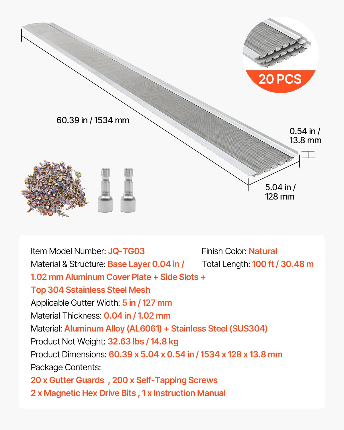 Gutter Guard, 127mm Aluminum Gutter Cover with Stainless Steel Micro Mesh, Heavy-Duty 30.48m Length, 1.02mm Thickness, Leaf Guard for Debris and Pine Needles, Easy DIY, Screws Include, 20 PCS
