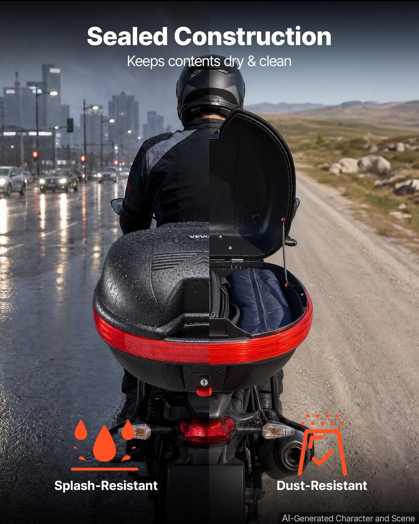 Motorcycle Top Case 30L Universal Waterproof PP Motorcycle Tail Case, Detachable Motorbike Top Box with Security Lock & Backrest for Luggage Storage