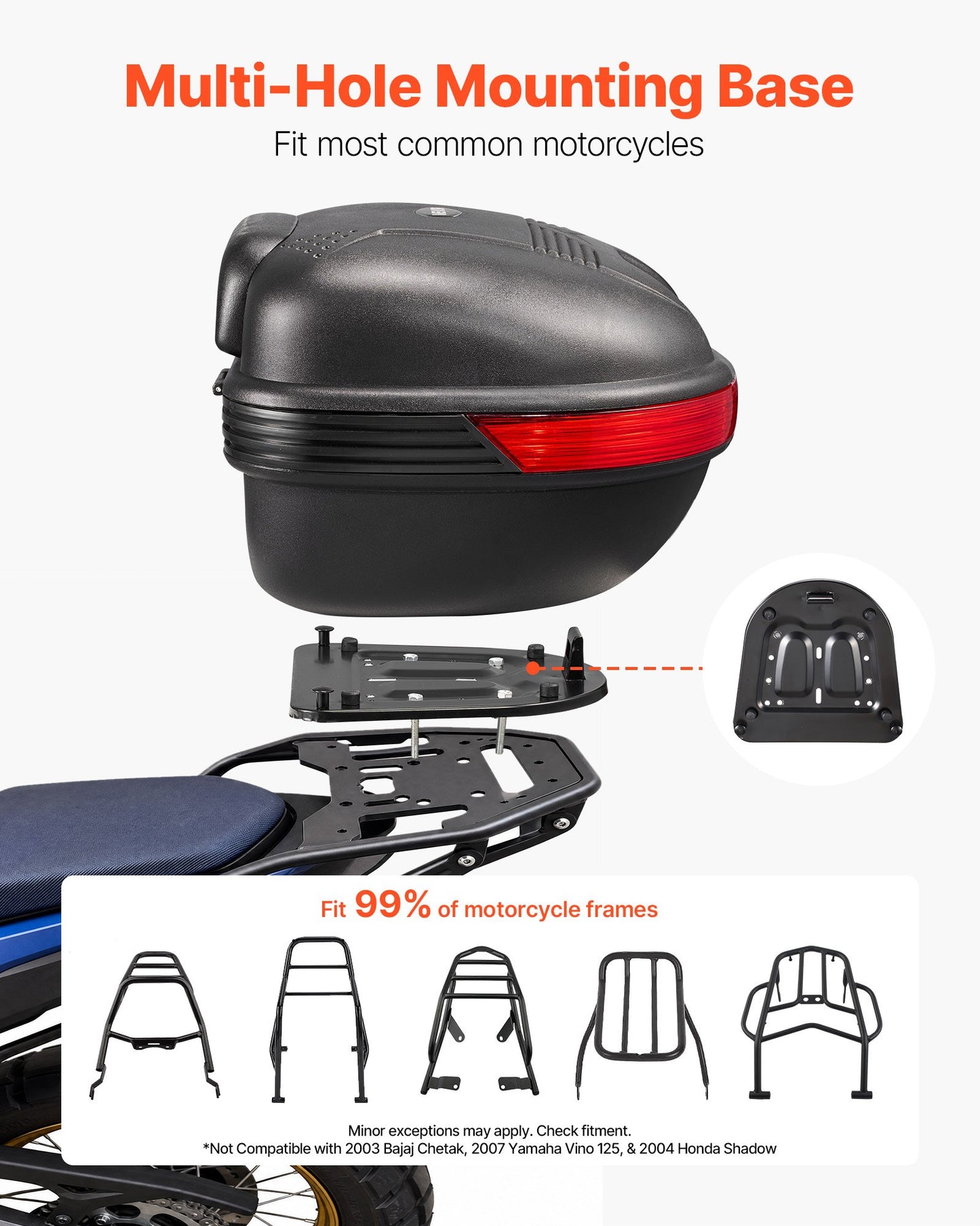 Motorcycle Top Case 30L Universal Waterproof PP Motorcycle Tail Case, Detachable Motorbike Top Box with Security Lock & Backrest for Luggage Storage