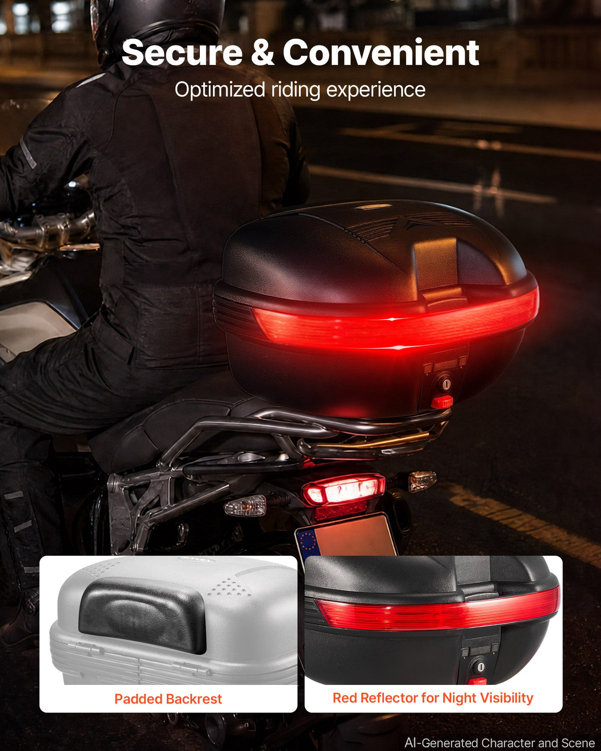 Motorcycle Top Case 30L Universal Waterproof PP Motorcycle Tail Case, Detachable Motorbike Top Box with Security Lock & Backrest for Luggage Storage