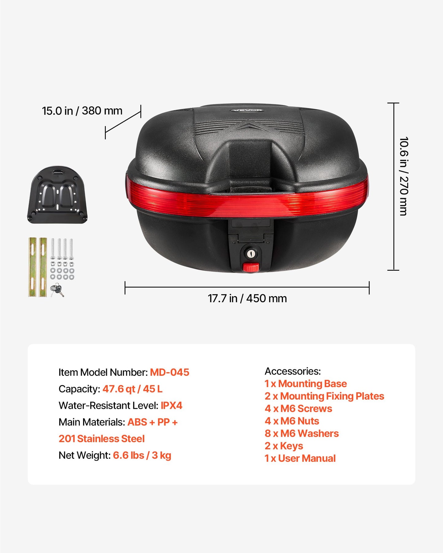 Motorcycle Top Case 30L Universal Waterproof PP Motorcycle Tail Case, Detachable Motorbike Top Box with Security Lock & Backrest for Luggage Storage