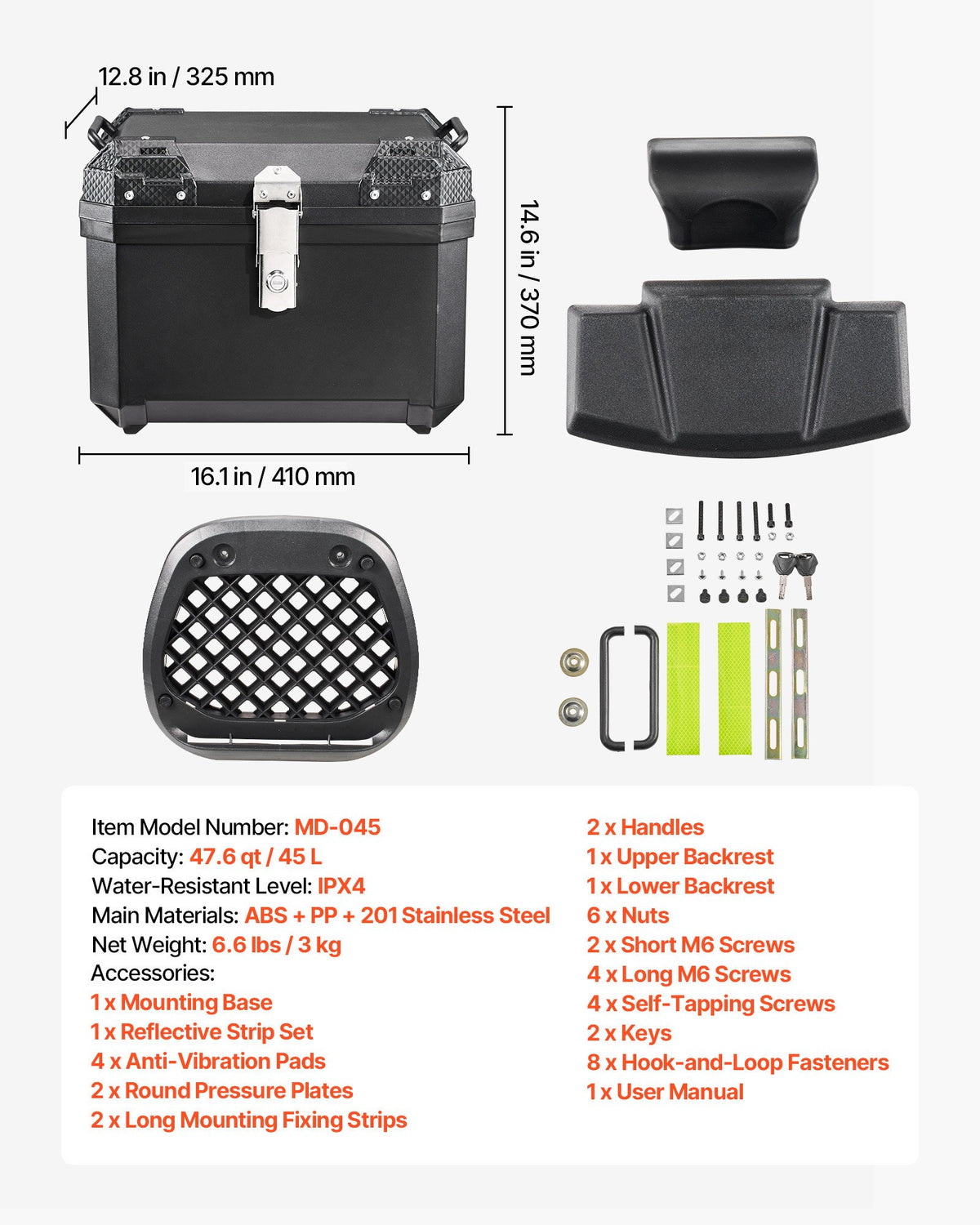 Motorcycle Top Case 45L Universal Waterproof ABS Motorcycle Tail Case, Detachable Motorbike Top Box with Security Lock & Leather Liner for Luggage Storage