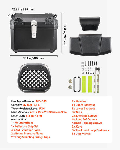 Motorcycle Top Case 45L Universal Waterproof ABS Motorcycle Tail Case, Detachable Motorbike Top Box with Security Lock & Leather Liner for Luggage Storage
