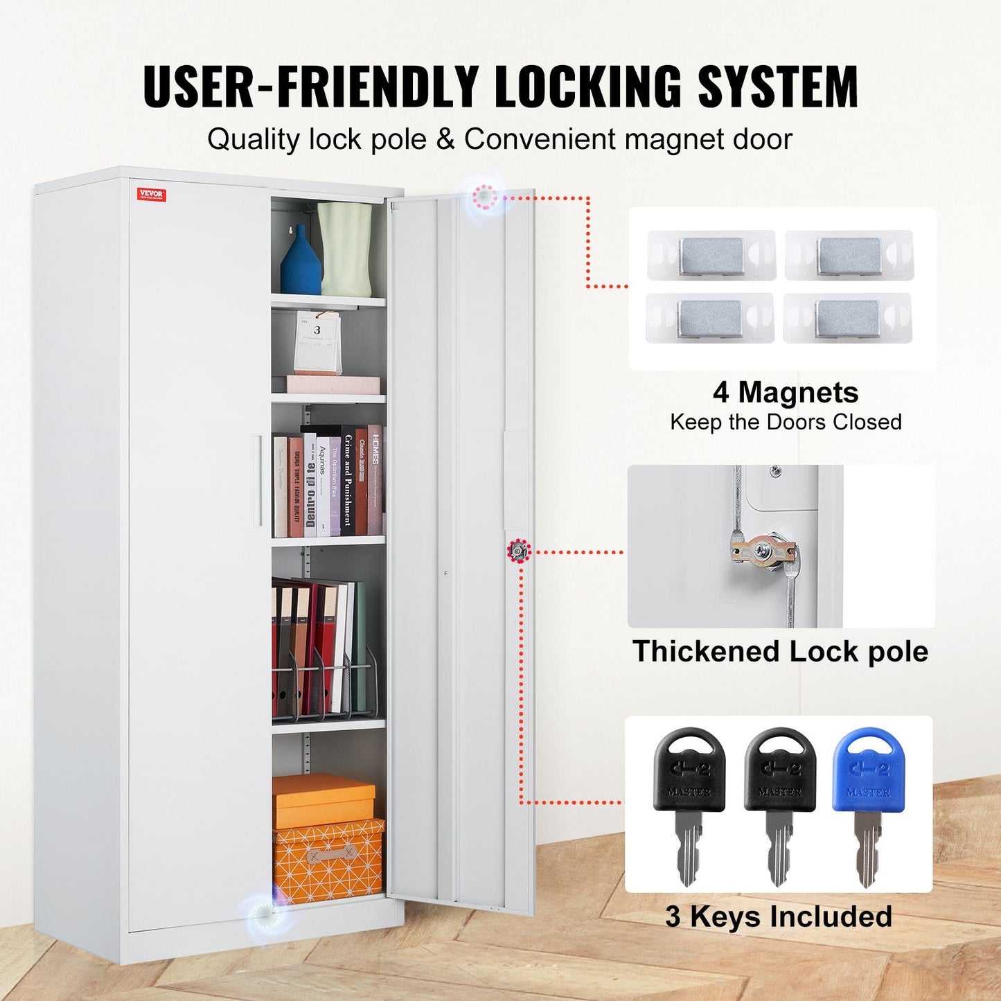White Metal Storage Cabinet with Lock, Adjustable Shelves, 0.8x0.4x1.8m