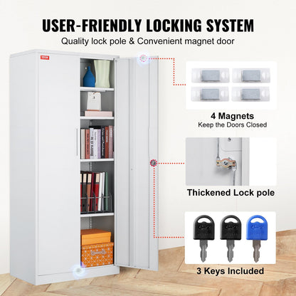 White Metal Storage Cabinet with Lock, Adjustable Shelves, 0.8x0.4x1.8m