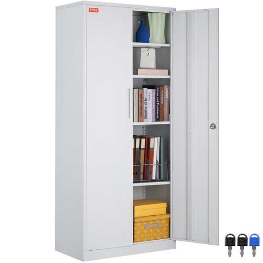 VEVOR Metal Storage Cabinet w/ 3 Keys Adjustable Shelves & Magnetic Door White