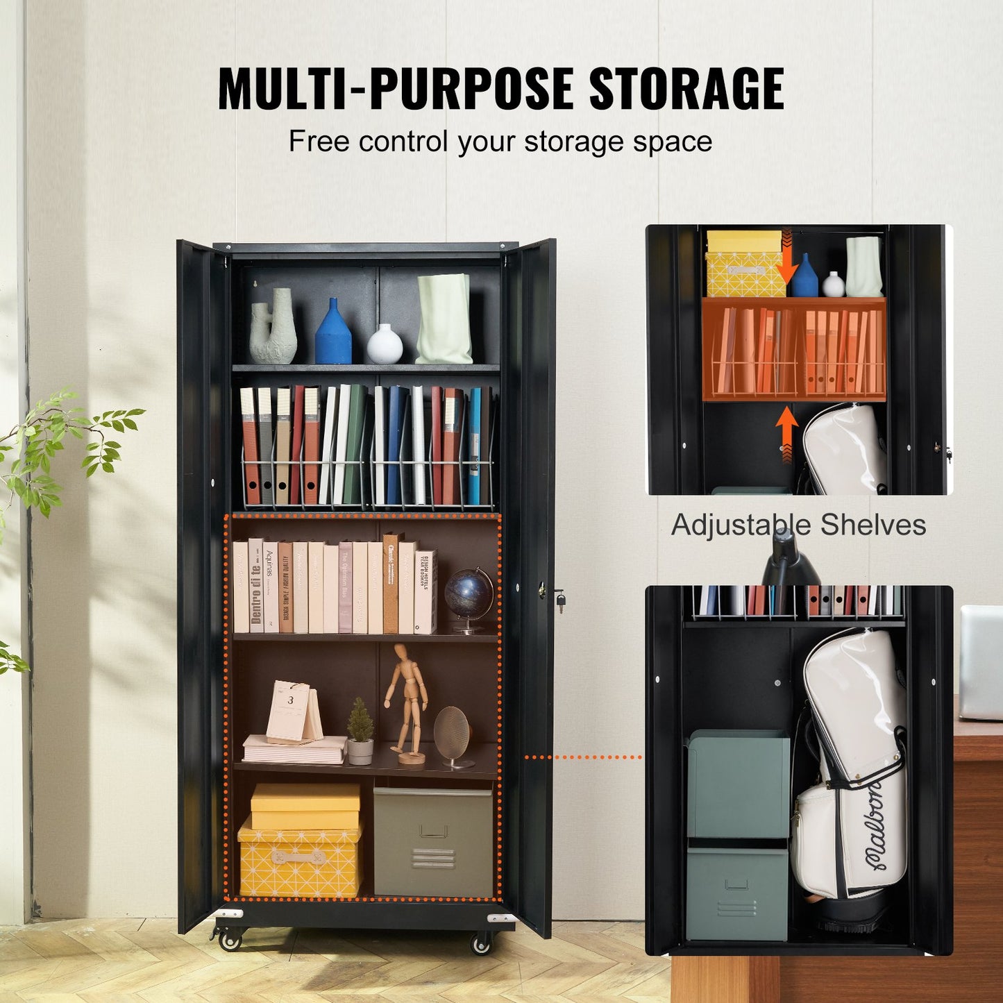 VEVOR Metal Storage Cabinet with Wheels, 75 in Locking Cabinet with 4 Adjustable