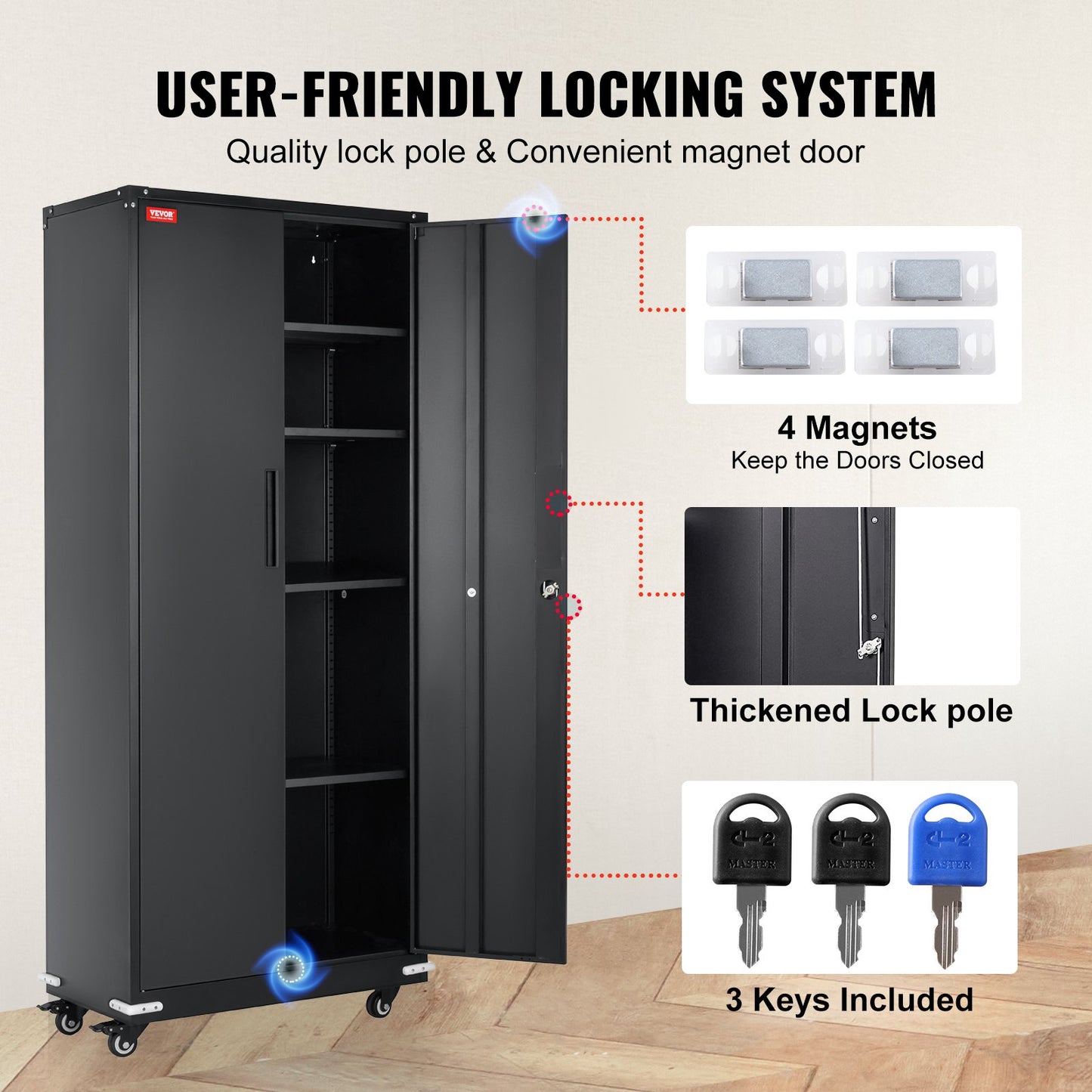 VEVOR Metal Storage Cabinet with Wheels, 75 in Locking Cabinet with 4 Adjustable