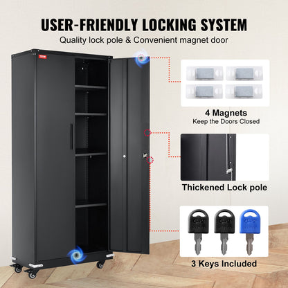 VEVOR Metal Storage Cabinet with Wheels, 75 in Locking Cabinet with 4 Adjustable
