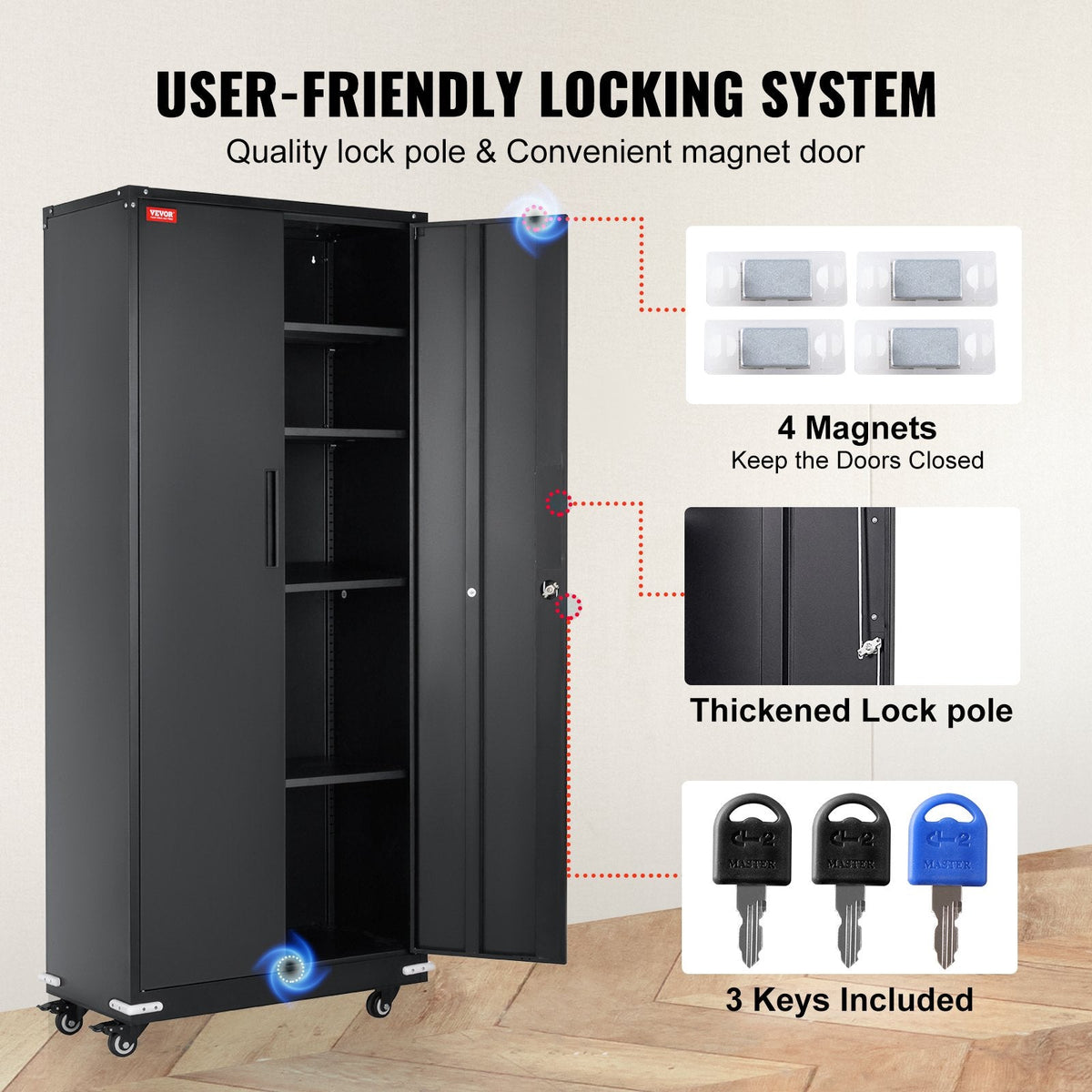 Black metal storage cabinet with wheels, locking doors, adjustable shelves, and heavy-duty office storage