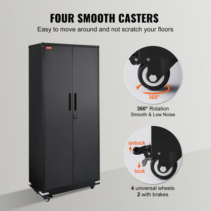 VEVOR Metal Storage Cabinet with Wheels, 75 in Locking Cabinet with 4 Adjustable