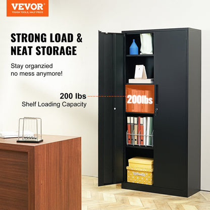 Heavy-Duty Black Metal Cabinet with Lock, 1.8m, Adjustable Shelves, 90 kg/Shelf
