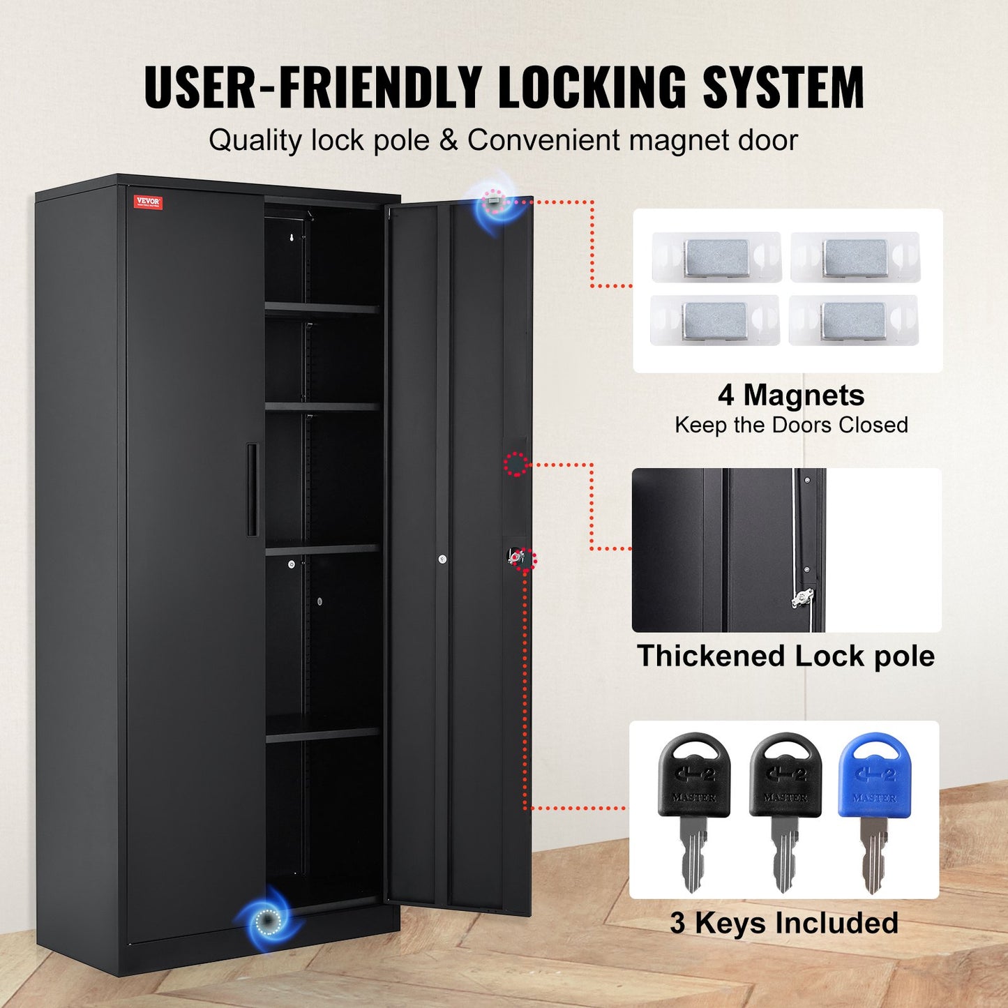 VEVOR Metal Storage Cabinet with 2 Magnetic Doors and 4 Adjustable Shelves, 90 kg