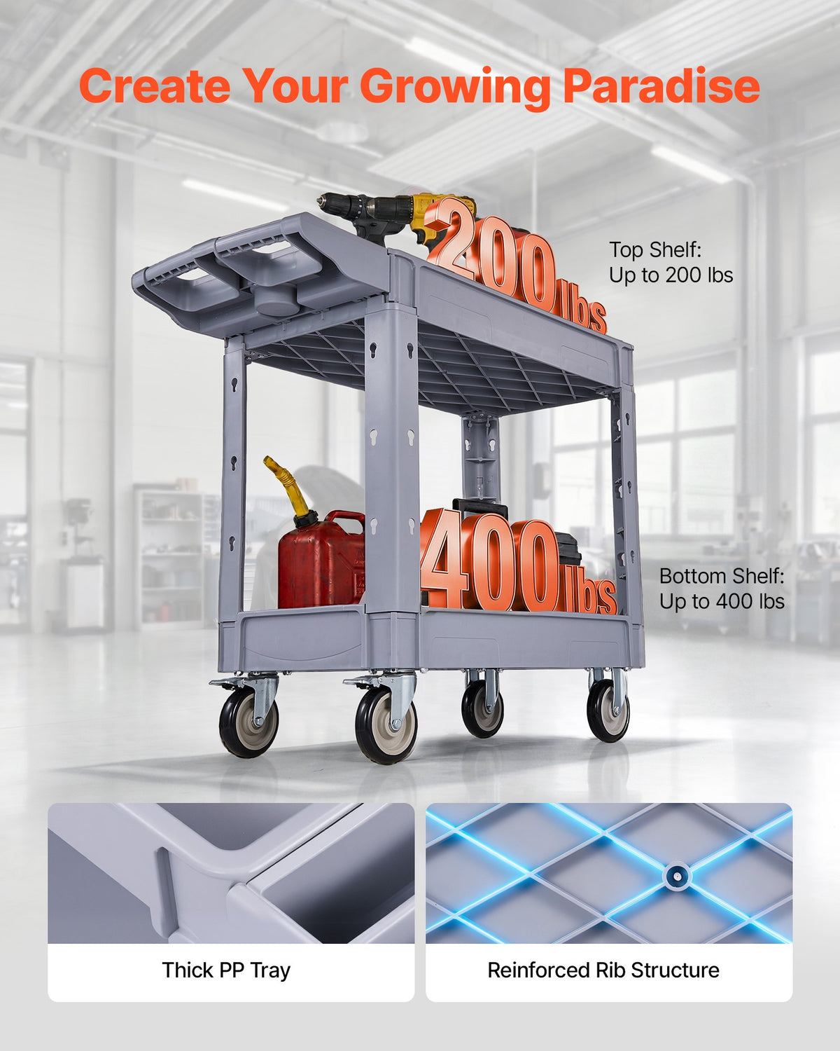 Utility Cart, 250 kg Capacity, 2 Tier Service Cart with 360° Swivel and Fixed Wheels (2 with Brakes), Heavy Duty Plastic Rolling with Storage Tray, Tool Storage for Garage Warehouse Workshop