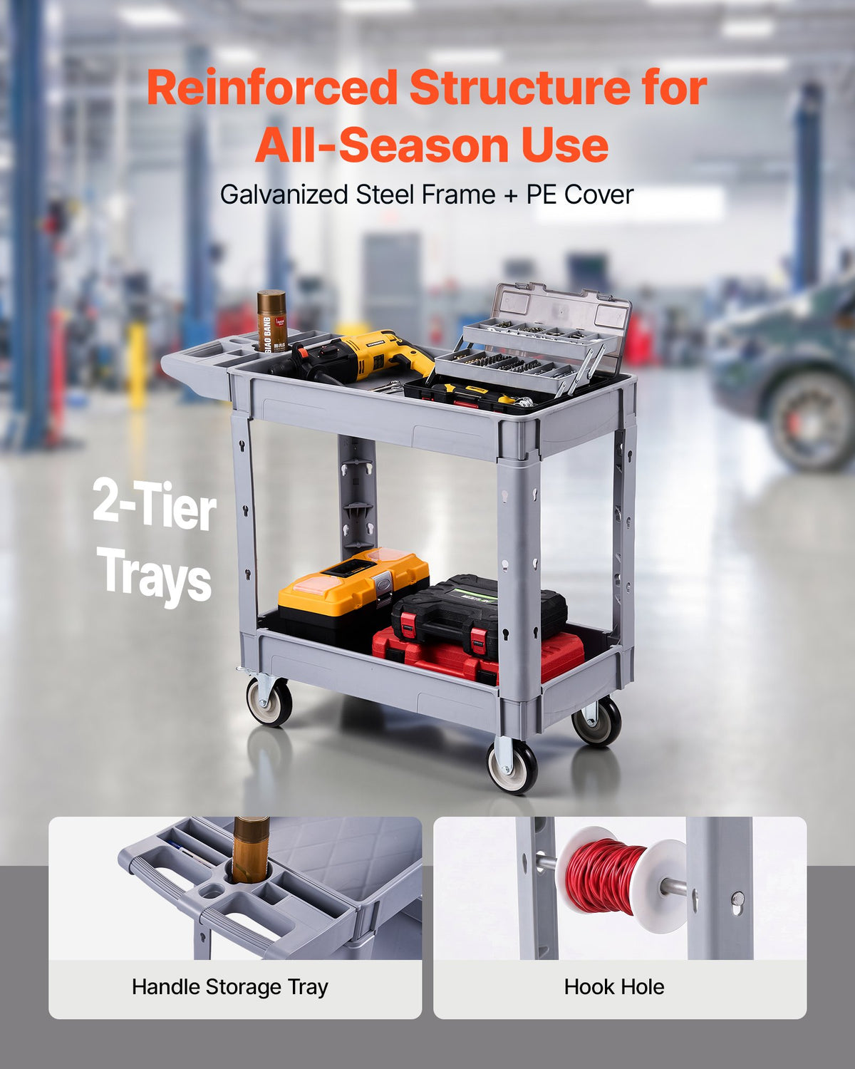 Utility Cart, 250 kg Capacity, 2 Tier Service Cart with 360° Swivel and Fixed Wheels (2 with Brakes), Heavy Duty Plastic Rolling with Storage Tray, Tool Storage for Garage Warehouse Workshop