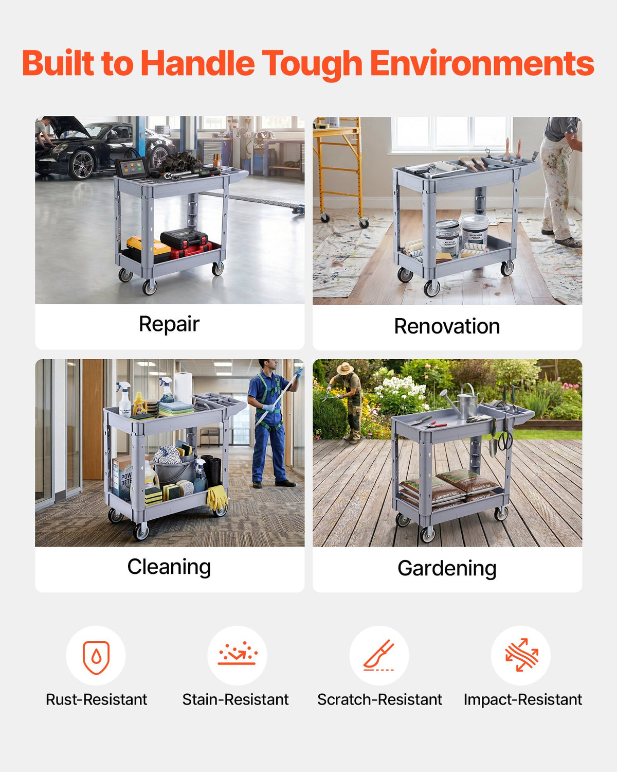Utility Cart, 250 kg Capacity, 2 Tier Service Cart with 360° Swivel and Fixed Wheels (2 with Brakes), Heavy Duty Plastic Rolling with Storage Tray, Tool Storage for Garage Warehouse Workshop