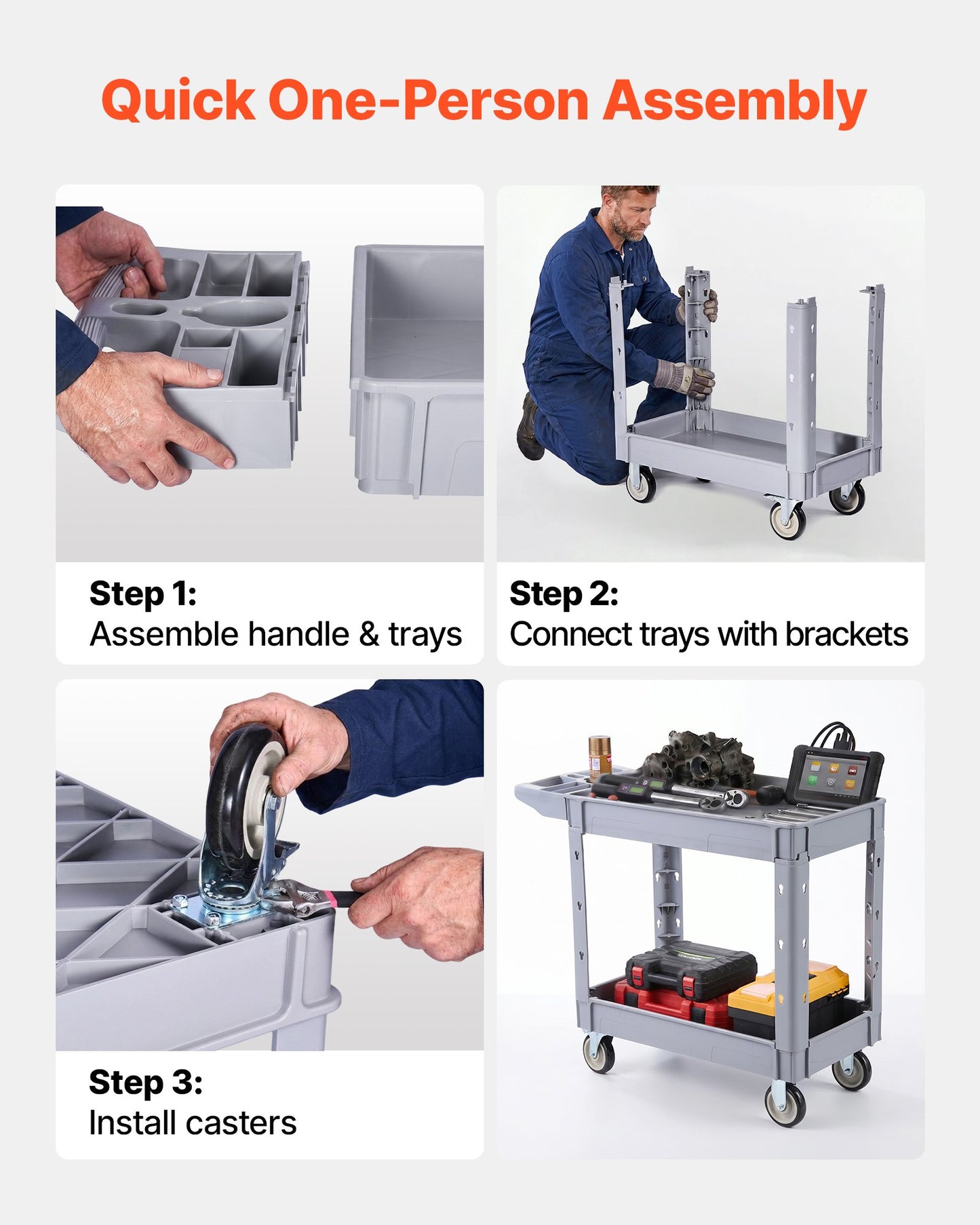 Utility Cart, 250 kg Capacity, 2 Tier Service Cart with 360° Swivel and Fixed Wheels (2 with Brakes), Heavy Duty Plastic Rolling with Storage Tray, Tool Storage for Garage Warehouse Workshop