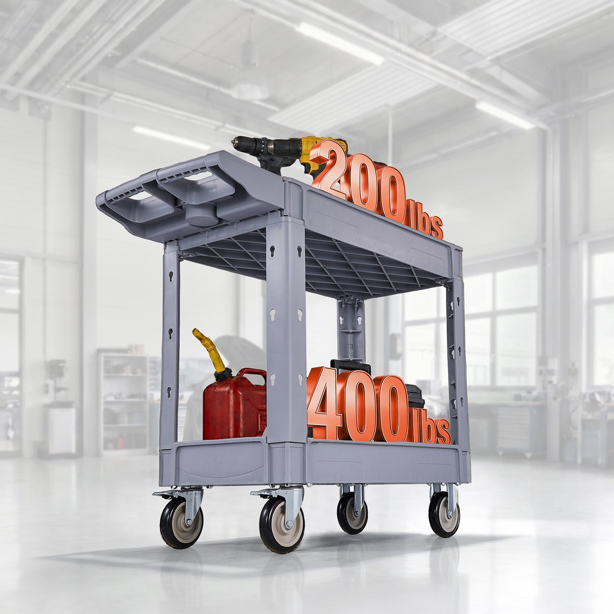 Utility Cart, 250 kg Capacity, 2 Tier Service Cart with 360° Swivel and Fixed Wheels (2 with Brakes), Heavy Duty Plastic Rolling with Storage Tray, Tool Storage for Garage Warehouse Workshop