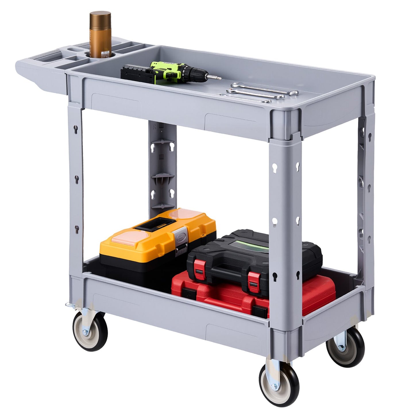 Utility Cart, 250 kg Capacity, 2 Tier Service Cart with 360° Swivel and Fixed Wheels (2 with Brakes), Heavy Duty Plastic Rolling with Storage Tray, Tool Storage for Garage Warehouse Workshop