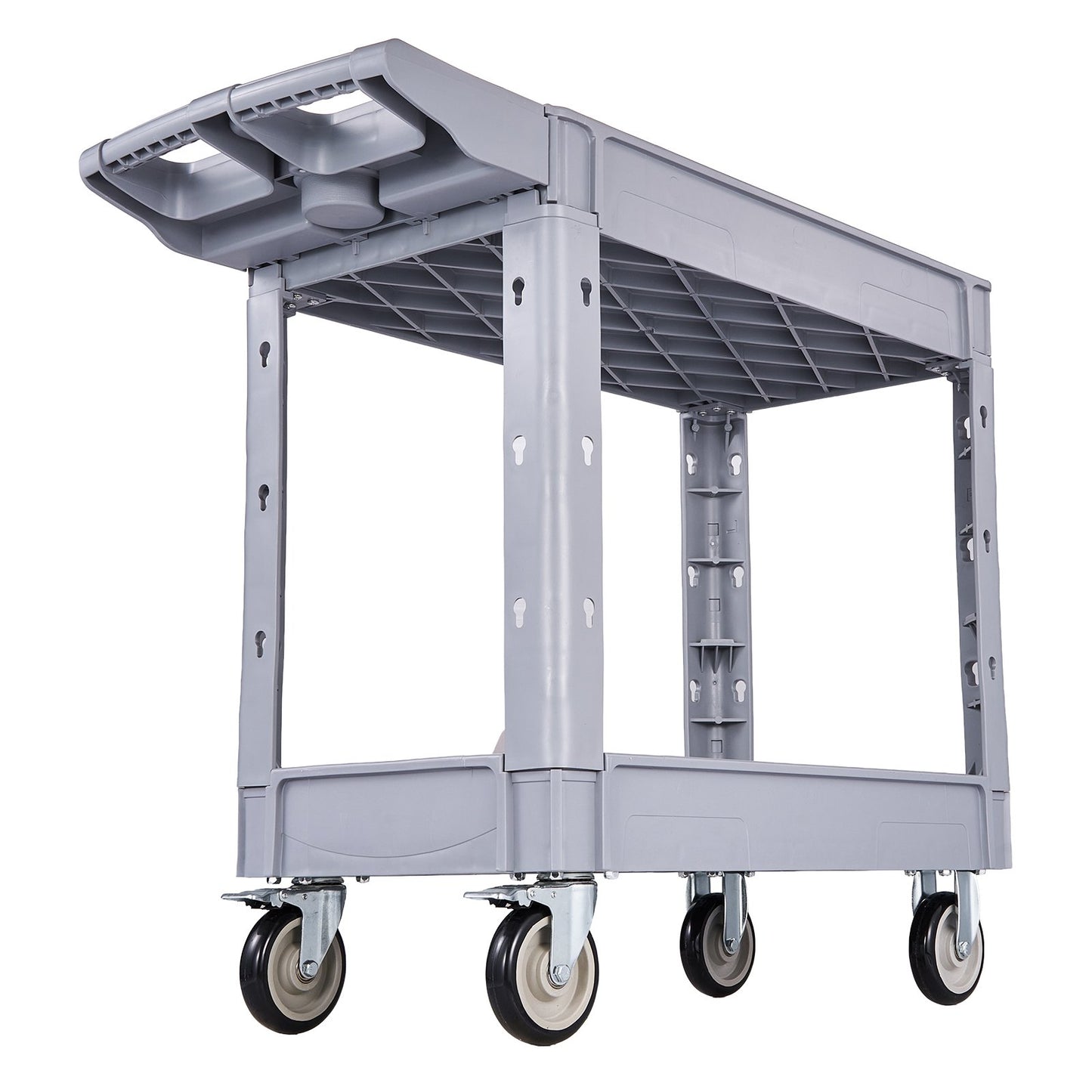 Utility Cart, 250 kg Capacity, 2 Tier Service Cart with 360° Swivel and Fixed Wheels (2 with Brakes), Heavy Duty Plastic Rolling with Storage Tray, Tool Storage for Garage Warehouse Workshop