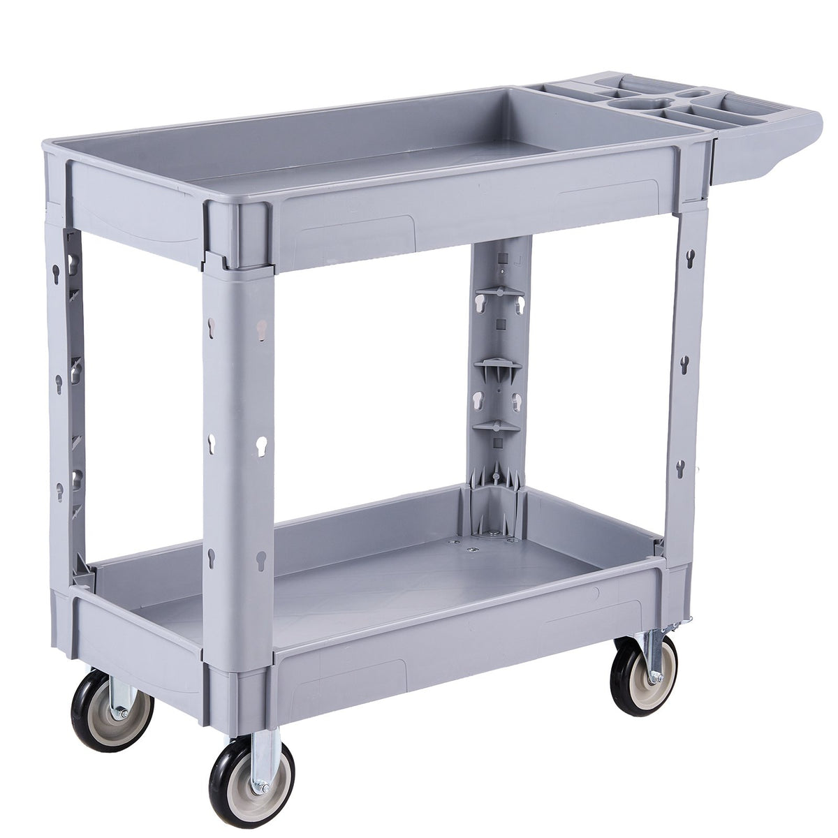 Utility Cart, 250 kg Capacity, 2 Tier Service Cart with 360° Swivel and Fixed Wheels (2 with Brakes), Heavy Duty Plastic Rolling with Storage Tray, Tool Storage for Garage Warehouse Workshop