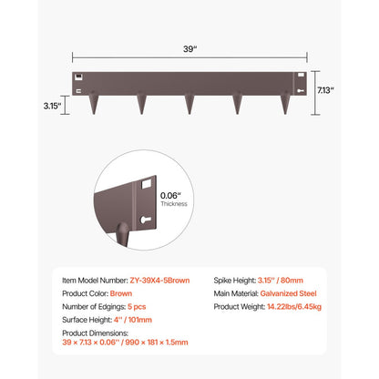 Steel Landscape Edging 5 Packs 39 x 4in Rust-Resistant for Yard Brown
