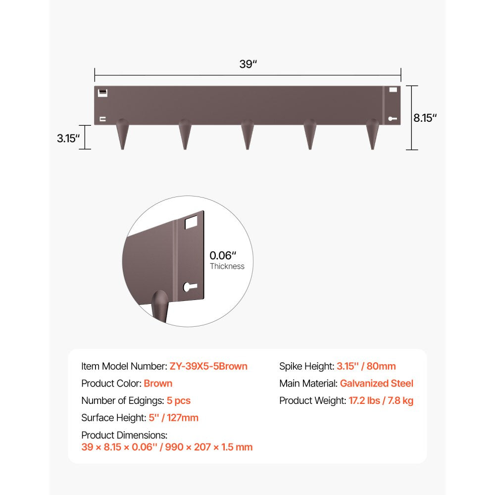 VEVOR Steel Landscape Edging 5 Packs 39 x 5in Rust-Resistant for Yard Brown