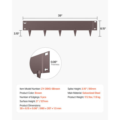 VEVOR Steel Landscape Edging 5 Packs 39 x 5in Rust-Resistant for Yard Brown