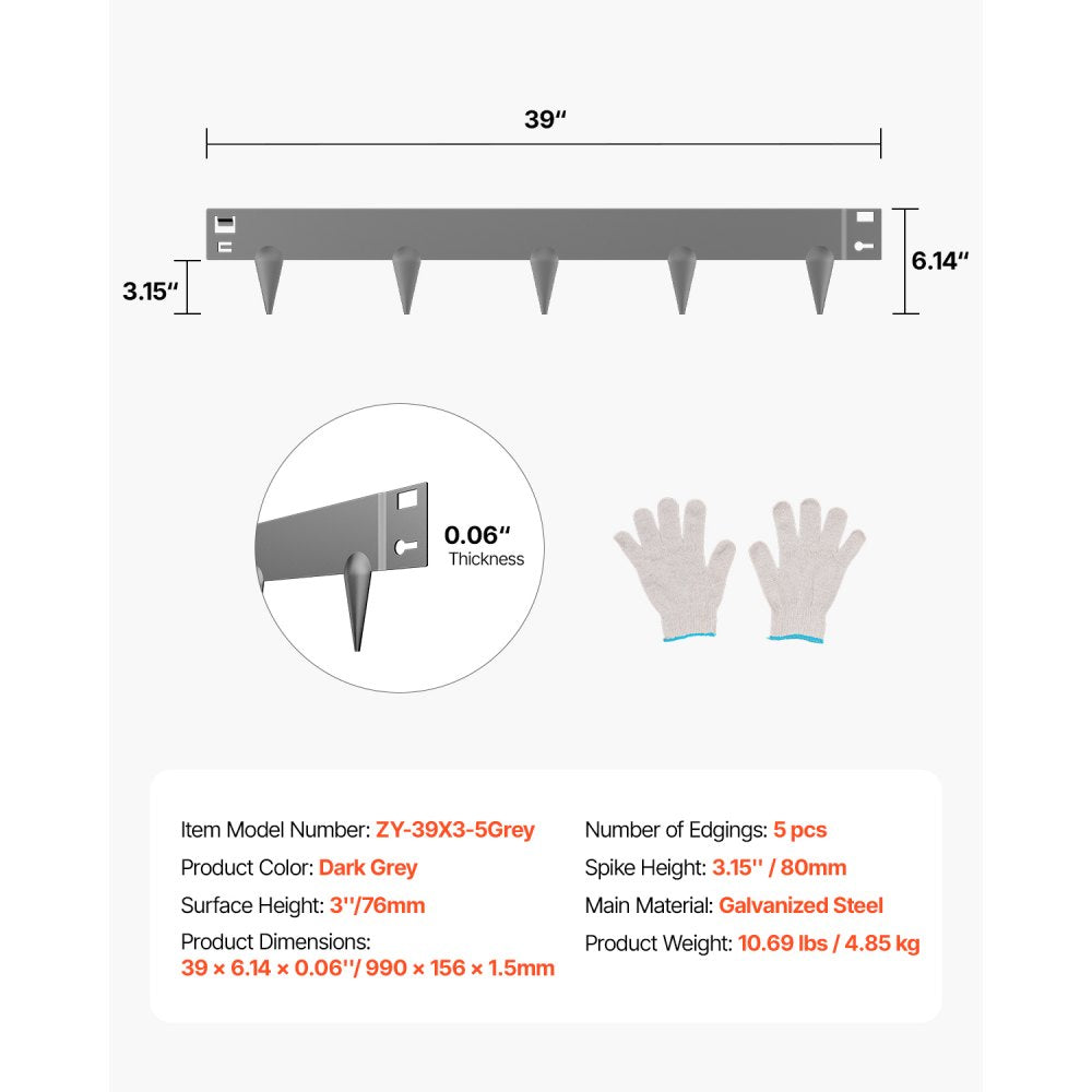 Steel Landscape Edging 5 Packs 39 x 3in Rust-Resistant for Yard Dark Gray