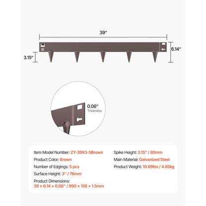 Steel Landscape Edging 5 Packs 39 x 3in Rust-Resistant for Yard Brown