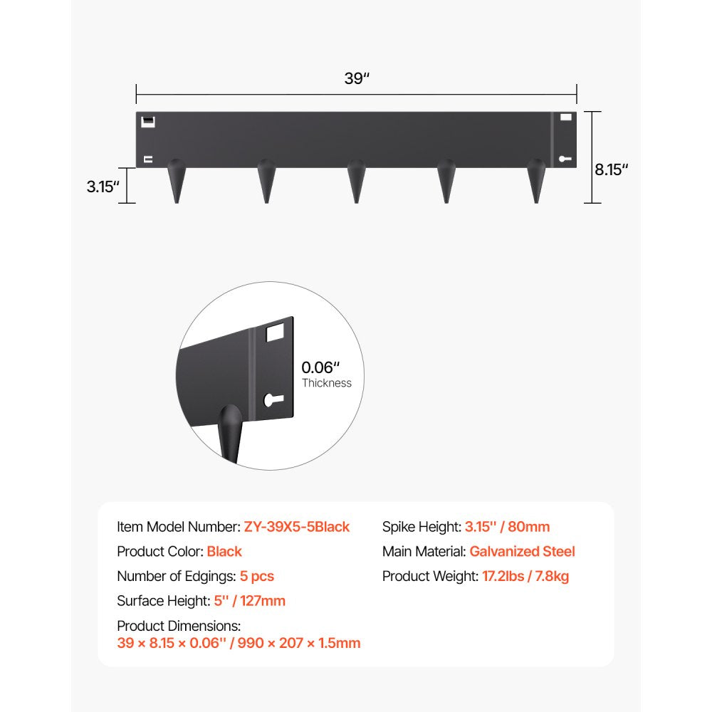 VEVOR Steel Landscape Edging 5 Packs 39 x 5in Rust-Resistant for Yard Black