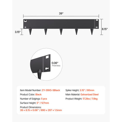 VEVOR Steel Landscape Edging 5 Packs 39 x 5in Rust-Resistant for Yard Black