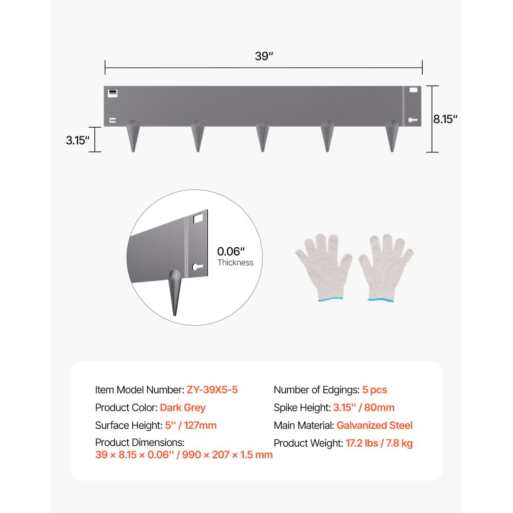 Steel Landscape Edging 5 Packs 39 x 5in Rust-Resistant for Yard Dark Gray