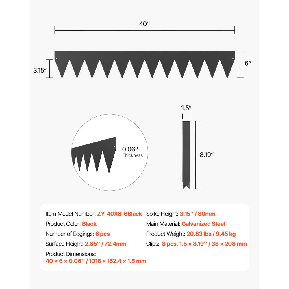 Steel Landscape Edging 6 Packs 40 x 6in Rust-Resistant for Yard Black