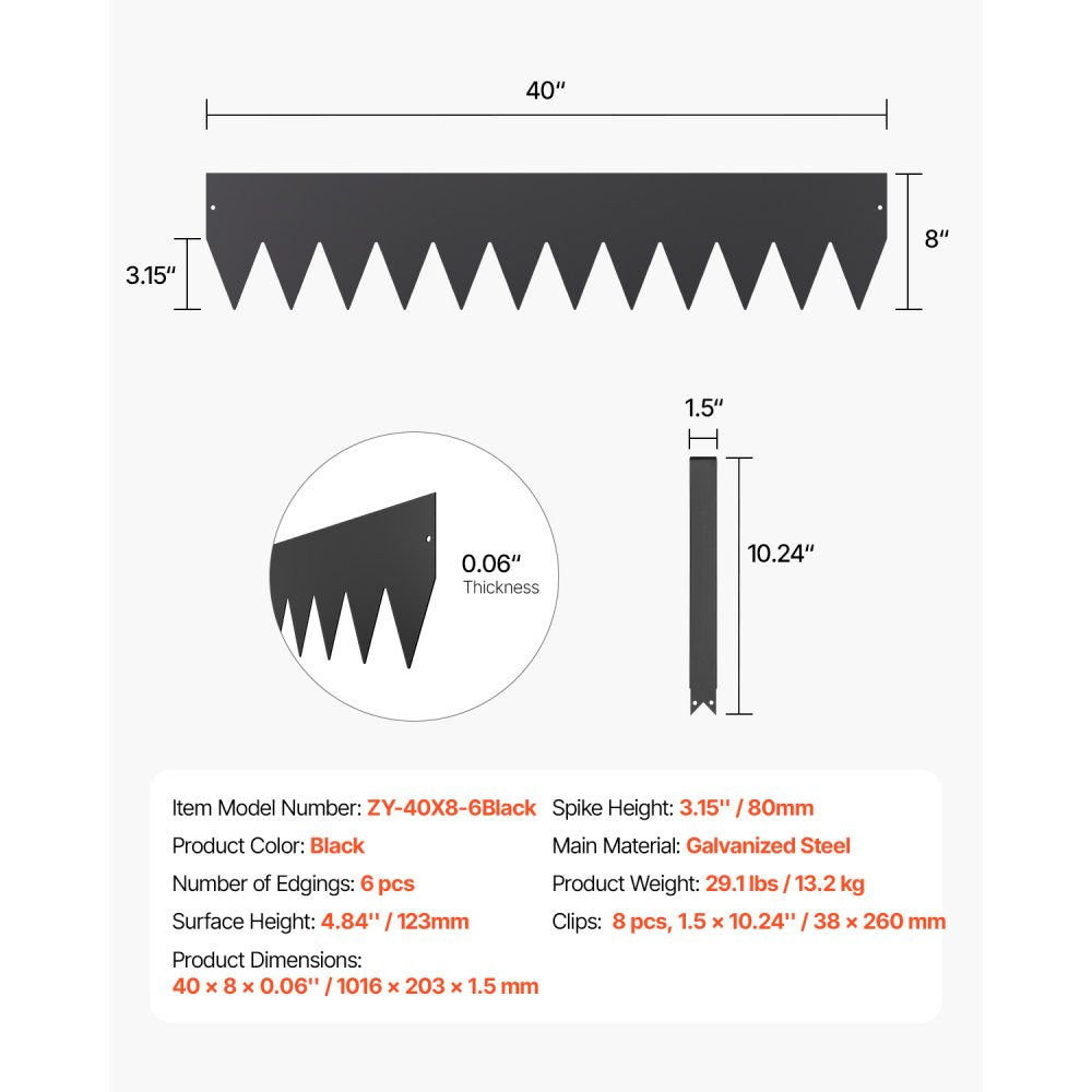 Steel Landscape Edging 6 Packs 40 x 8in Rust-Resistant for Yard Black