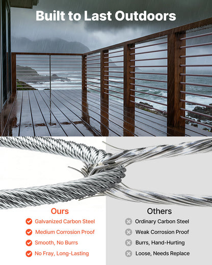 6.35 mm Wire Rope, 76.2 m Length, Zinc Galvanized Carbon Steel Cable with Gloves, 31.1 kN Breaking Strength, 7 x 19 Strands Construction, Wire Cable for Deck Railing System, Garden Trellis