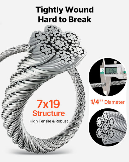 6.35 mm Wire Rope, 76.2 m Length, Zinc Galvanized Carbon Steel Cable with Gloves, 31.1 kN Breaking Strength, 7 x 19 Strands Construction, Wire Cable for Deck Railing System, Garden Trellis