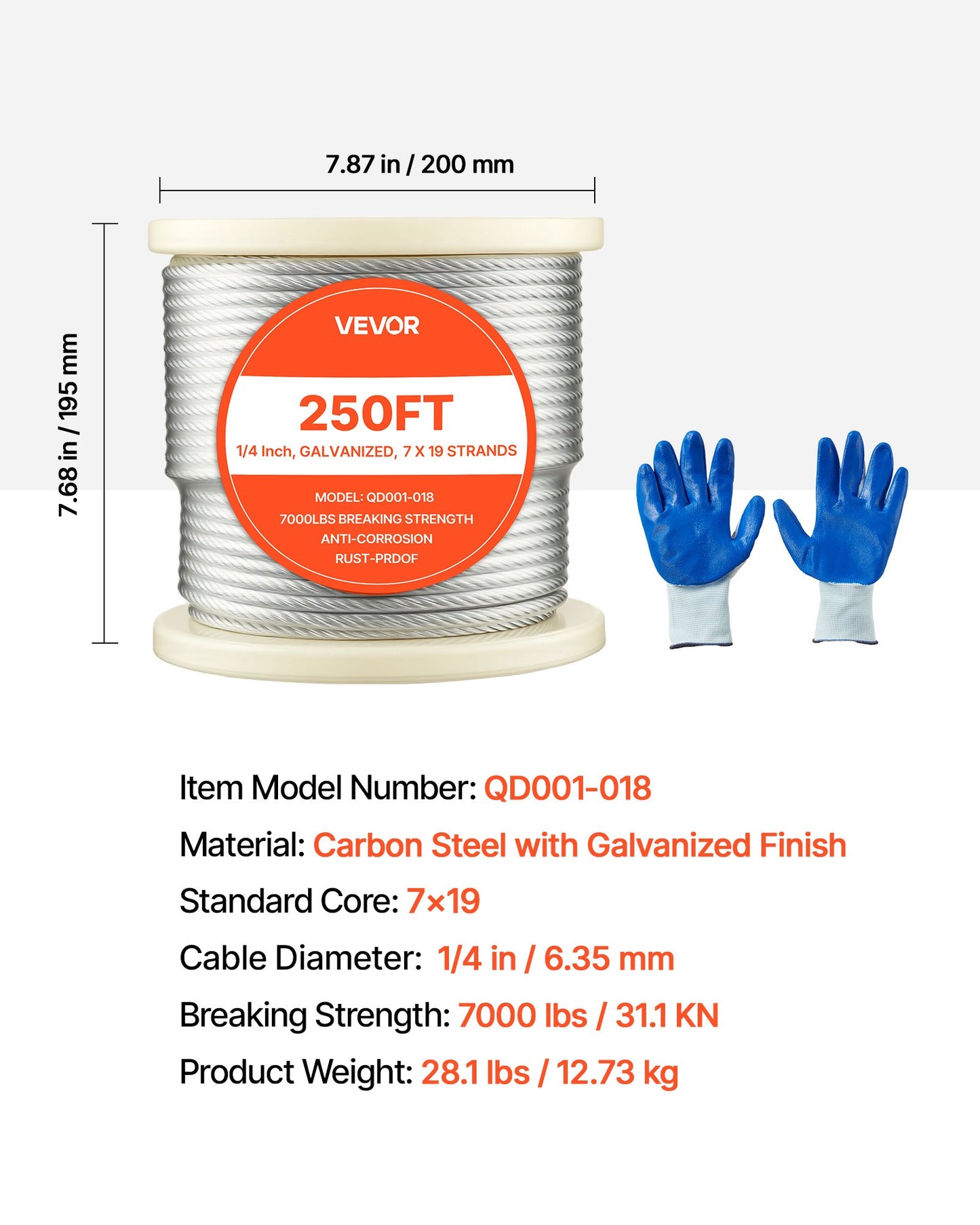 6.35 mm Wire Rope, 76.2 m Length, Zinc Galvanized Carbon Steel Cable with Gloves, 31.1 kN Breaking Strength, 7 x 19 Strands Construction, Wire Cable for Deck Railing System, Garden Trellis
