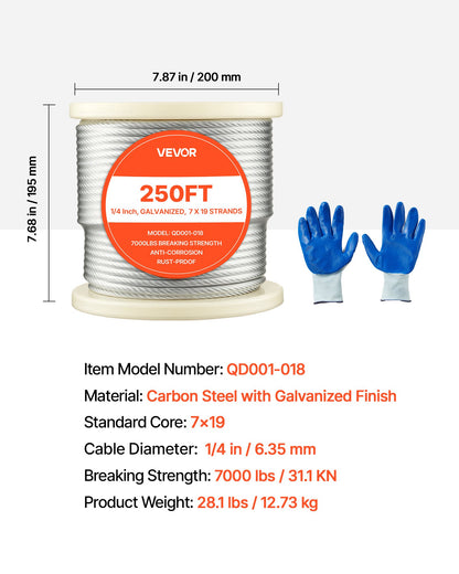 6.35 mm Wire Rope, 76.2 m Length, Zinc Galvanized Carbon Steel Cable with Gloves, 31.1 kN Breaking Strength, 7 x 19 Strands Construction, Wire Cable for Deck Railing System, Garden Trellis