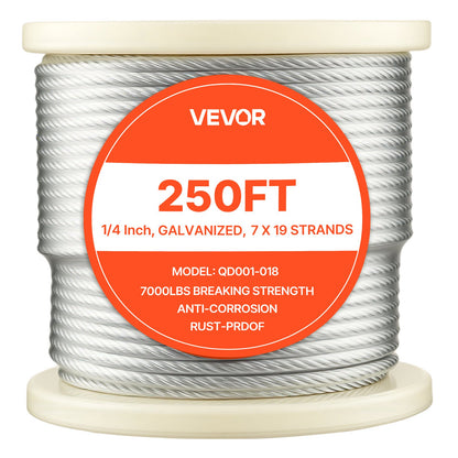 6.35 mm Wire Rope, 76.2 m Length, Zinc Galvanized Carbon Steel Cable with Gloves, 31.1 kN Breaking Strength, 7 x 19 Strands Construction, Wire Cable for Deck Railing System, Garden Trellis