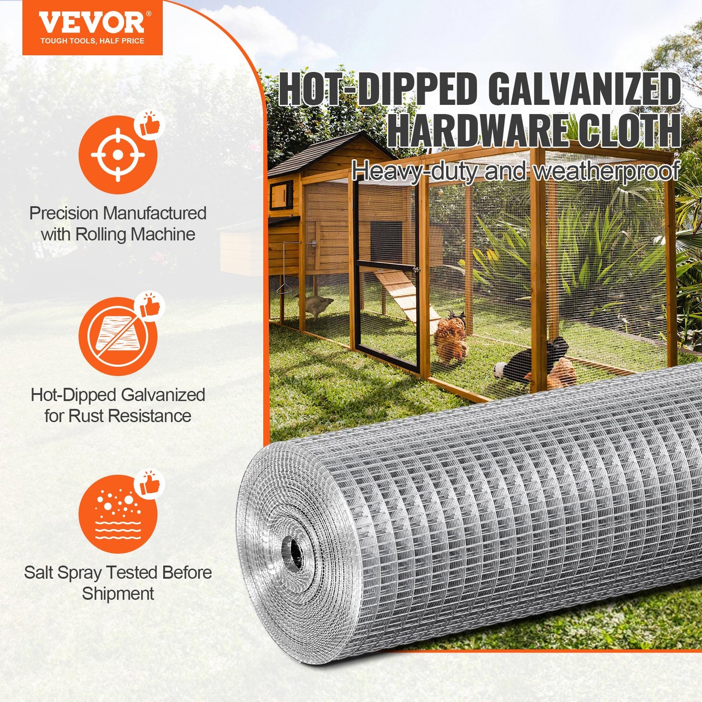 Hardware Cloth 12.7 mm 610 mm x 7.62 m 19 Gauge Chicken Wire Fence, Hot-Dip Galvanized After Welding Metal Wire Mesh Roll, Garden Plant Welded Fencing Roll Supports Poultry Netting Cage Fence
