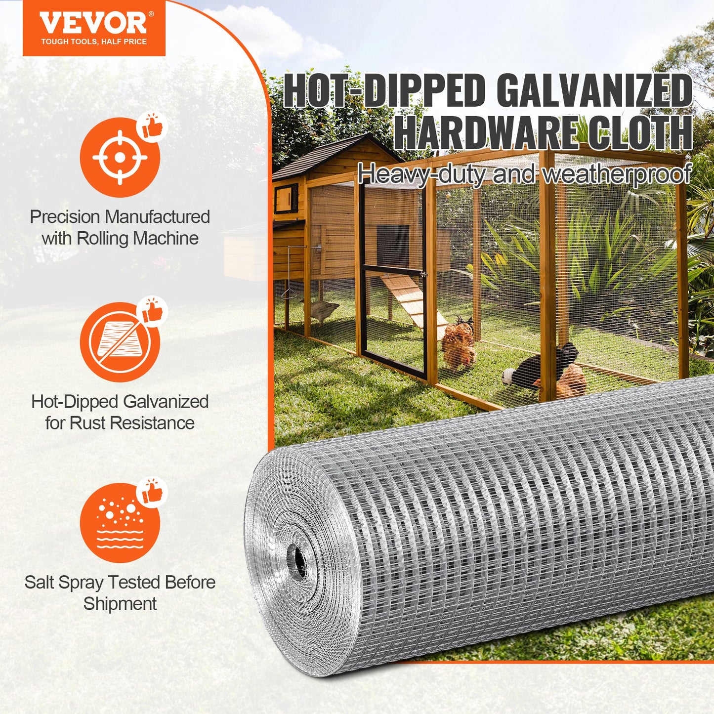 Hardware Cloth 12.7 mm 610 mm x 15.24 m 19 Gauge Chicken Wire Fence, Hot-Dip Galvanized After Welding Metal Wire Mesh Roll, Garden Plant Welded Fencing Roll Supports Poultry Netting Cage Fence
