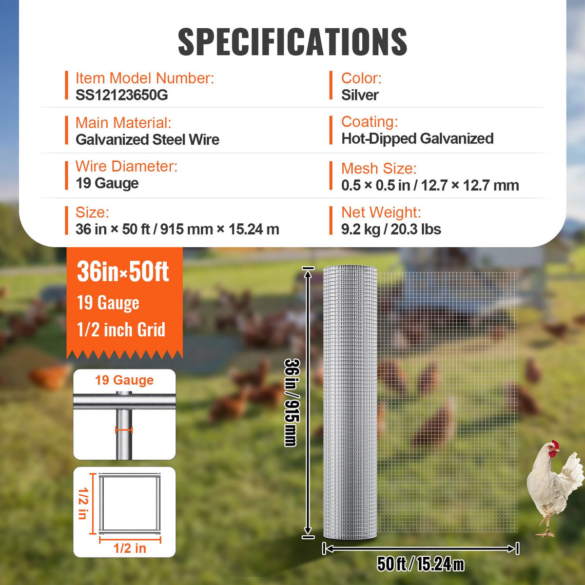 Hardware Cloth 12.7 mm 915 mm x 15.24 m 19 Gauge Chicken Wire Fence, Hot-Dip Galvanized After Welding Metal Wire Mesh Roll, Garden Plant Welded Fencing Roll Supports Poultry Netting Cage Fence