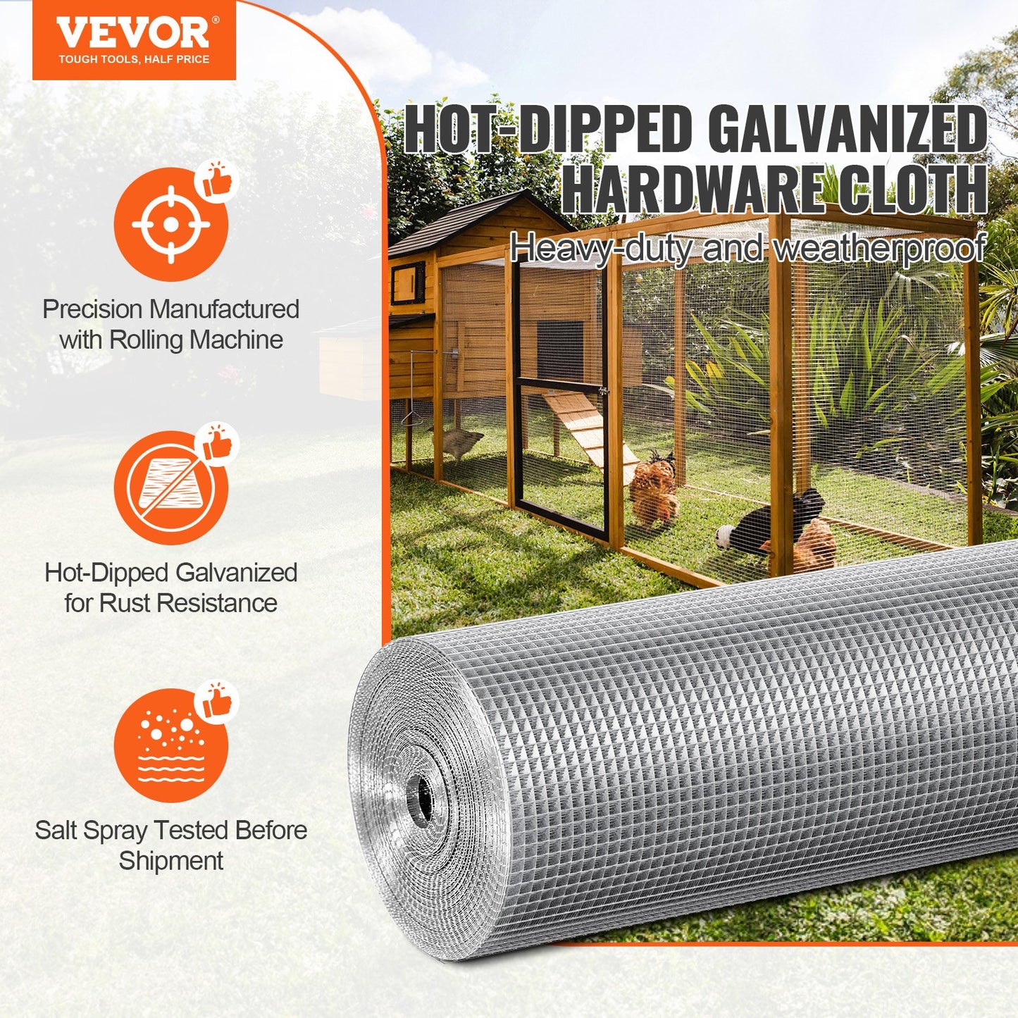 Hardware Cloth 6.35 mm 915 mm x 15.24 m 23 Gauge Chicken Wire Fence, Hot-Dip Galvanized After Welding Metal Wire Mesh Roll, Garden Plant Welded Fencing Roll Supports Poultry Netting Cage Fence