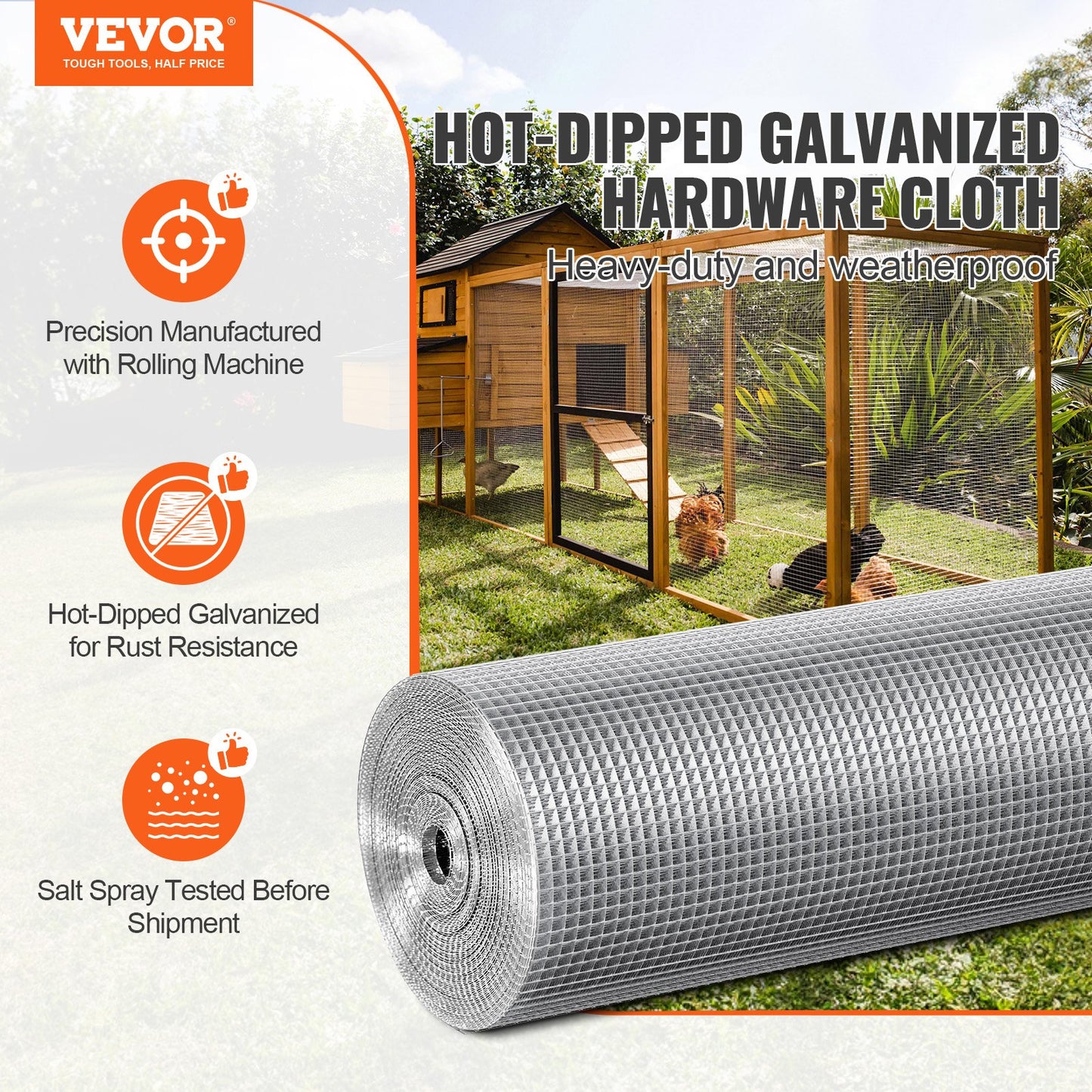 Hardware Cloth 6.35 mm 915 mm x 30.48 m 23 Gauge Chicken Wire Fence, Hot-Dip Galvanized After Welding Metal Wire Mesh Roll, Garden Plant Welded Fencing Roll Supports Poultry Netting Cage Fence