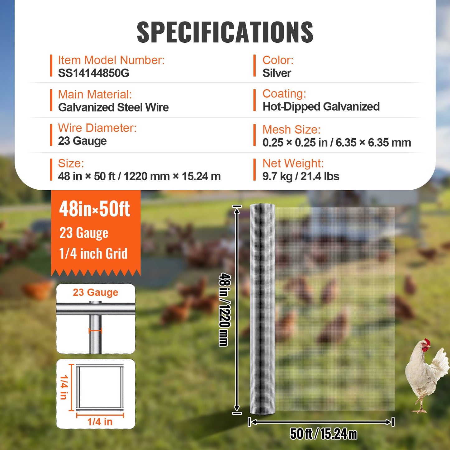 Hardware Cloth 6.35 mm 1220 mm x 15.24 m 23 Gauge Chicken Wire Fence, Hot-Dip Galvanized After Welding Metal Wire Mesh Roll, Garden Plant Welded Fencing Roll Supports Poultry Netting Cage Fence