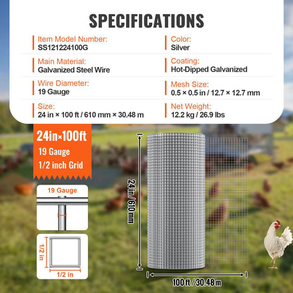 Galvanized Steel Wire Mesh Roll, 610mm x 30.48m, 12.2kg, 19 Gauge